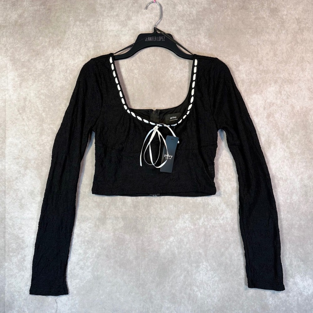 Privy Crop Top Women L Black Ribbon Long Sleeve Coquette Ballet Gothic Romantic